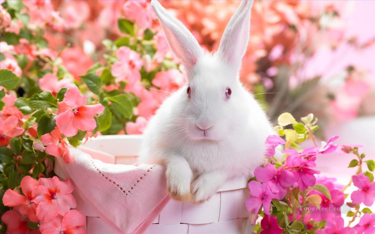 ピンクの花の春のウサギ 写真からアートへの絵画油絵